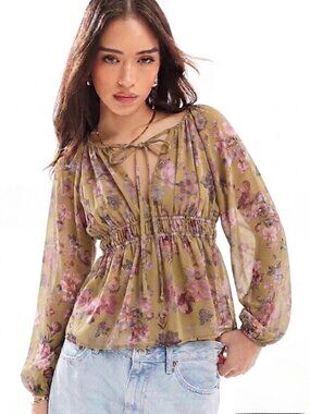 ASOS Floral Peplum Blouse Khaki Pink Floral Long Sleeve Tie Neck 08649833 NWOT